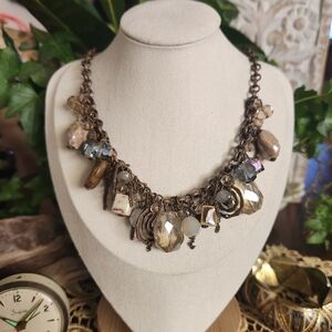 Chunky Necklace Bohemian Boho Bronze / Gold Tone W/ Stones Ecentric Bib Necklace